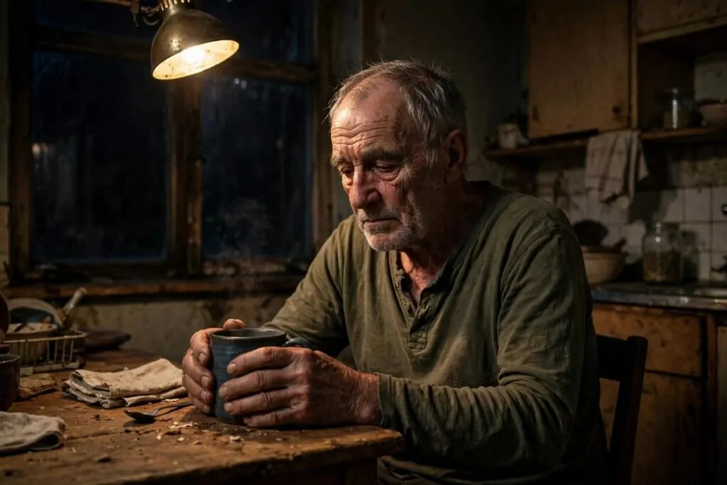 Photorealistic photo of an older man sitting alone at a kitchen table late at night under a warm lamp, reflecting on life lessons unsuccessful men learn too late