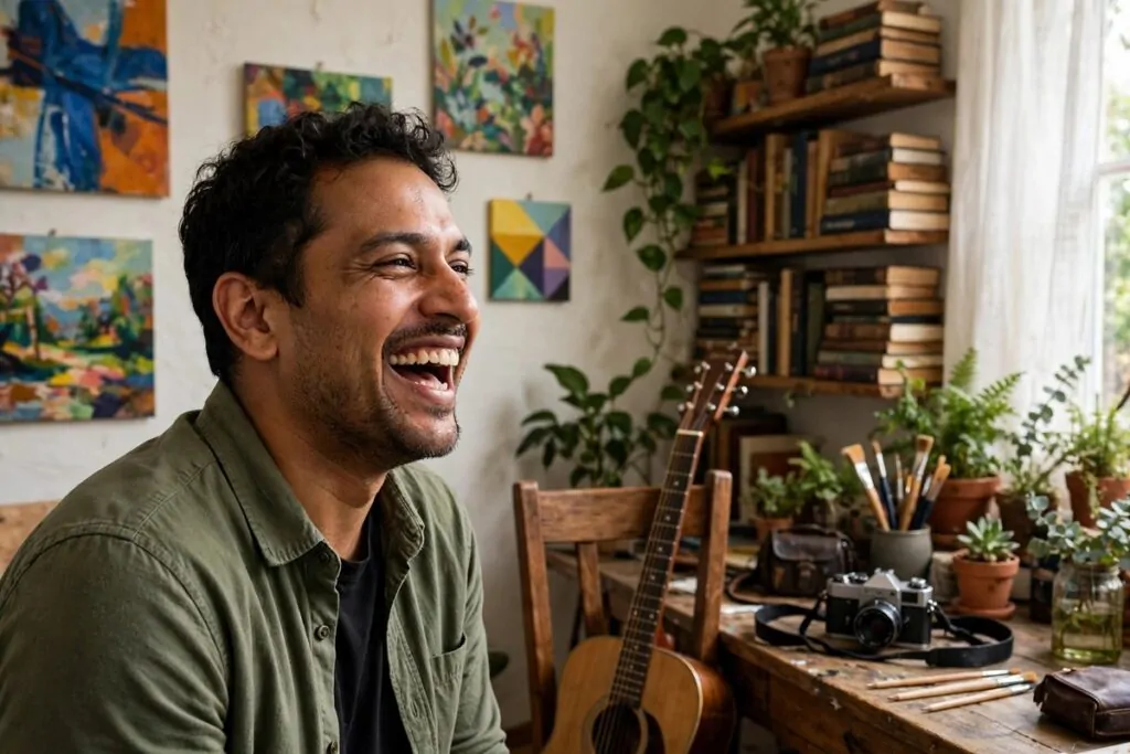 Photorealistic photo of a joyful man laughing in an art-filled home studio with a guitar, books and plants, showing why many interests are a strength