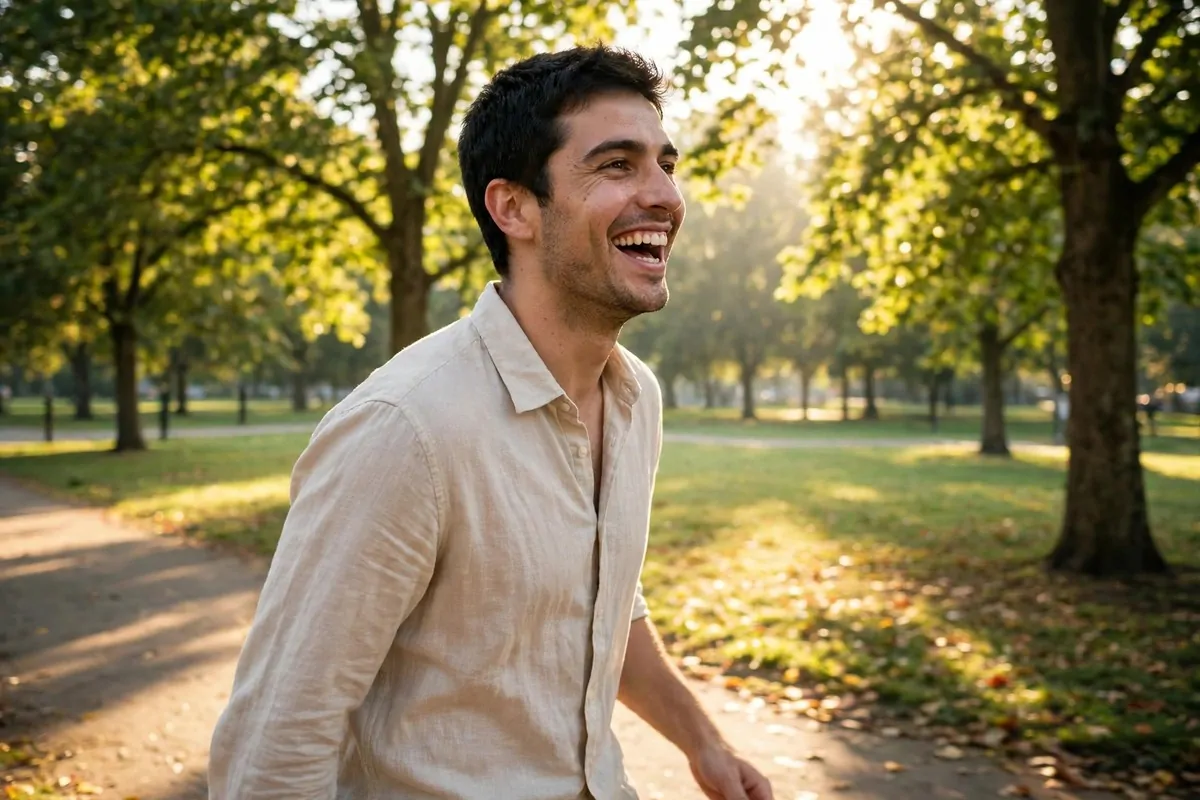 10 Mental Skills That Lead to Happiness and Make Ordinary Days Feel Rich and Warm 1 Ultra photorealistic real photograph, natural light, candid, believable, no text in the image: a cheerful young man in his late twenties with short dark hair, wearing a light casual shirt, laughing warmly while walking through a sunny park in the morning with soft golden light and green trees around him, relaxed joyful expression, Google Discover friendly bold clear subject