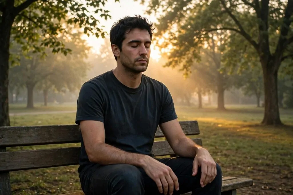Ultra photorealistic real photograph, soft early morning light in a quiet park, candid and believable, a young man in his thirties with dark hair and a plain shirt sitting on a wooden park bench with eyes closed, calm and focused, hands resting on his knees, trees and soft sunrise behind him, no text anywhere in the image, no women, bold clear subject, Google Discover friendly editorial photo