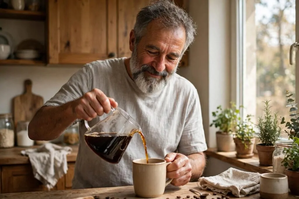 Ultra photorealistic real photograph, natural light, candid, an older man with a grey beard wearing a plain shirt in a cozy home kitchen pouring simple coffee into a warm mug by a sunny window, calm content expression, bold clear subject, Google Discover friendly, no text in the image, no women.