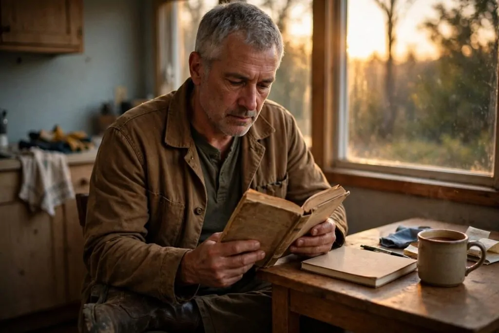 Ultra photorealistic real photograph, natural light, candid, believable, a middle aged man in his late forties with short grey hair and a plain work jacket and work boots sitting at a small kitchen table after a long shift, reading a worn paperback book beside a simple notebook and a mug, warm evening light through a window, no text in the image, no women, bold clear subject, closely tied to money books for working people, Google Discover friendly