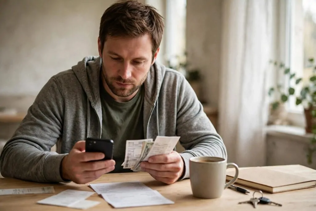 Photorealistic photo of a working man at home checking bills and a bank app on his phone in soft natural light, plain desk, calm and real