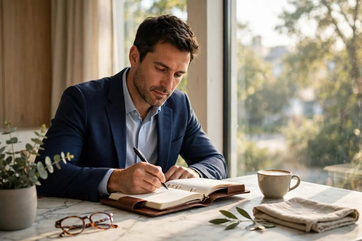10 Money Habits That Separate the Upper Class From the Working Class (Copy These) 1 Photorealistic photo of a confident man in a blazer writing in a leather planner by a bright window, showing money habits upper class working class readers can copy