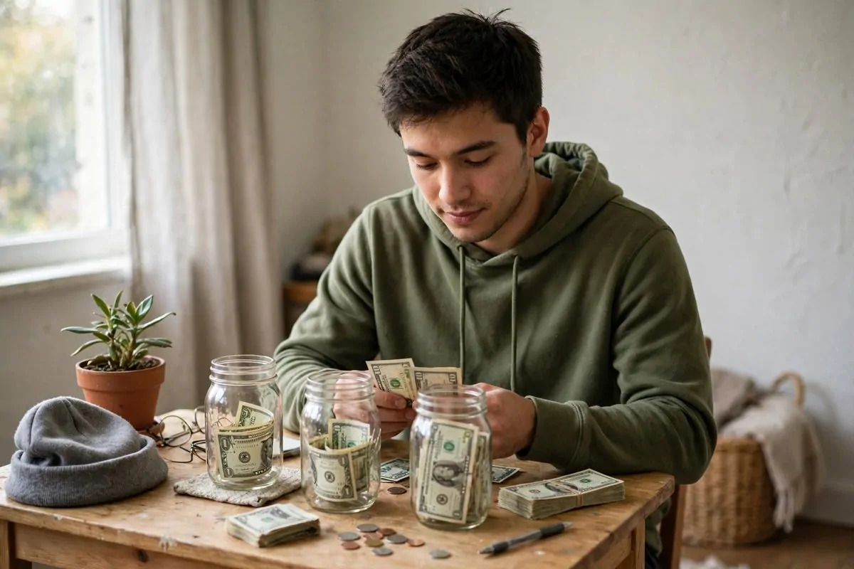 10 Money Habits the Wealthy Learn Young (Start Early, Win Steady) 1 Photorealistic photo of a young man in his twenties counting saved cash into labeled jars on a small desk at home, showing money habits the wealthy learn young