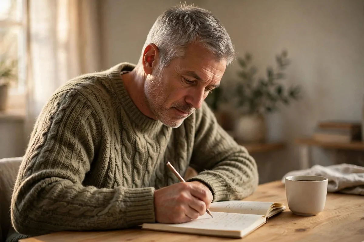 10 Money Mistakes That Quietly Ruin a Good Life, and the Plain Fixes Inspired by Charlie Munger 1 Ultra photorealistic real photograph, natural warm window light, candid and believable, a thoughtful man in his late fifties with short grey hair and light stubble in a warm sweater, sitting at a plain wooden desk at home writing in a paper notebook with a pencil, a simple cup beside him, calm quiet room, no text anywhere in the image, no women, bold clear subject, Google Discover friendly editorial photo