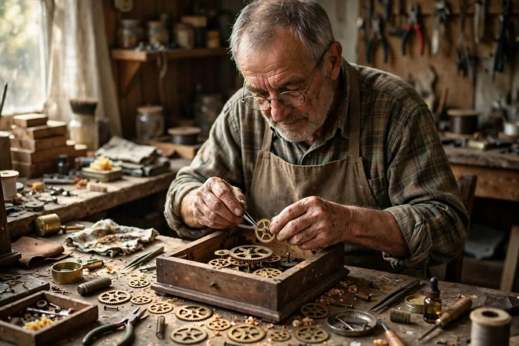 Photorealistic photo of an elderly craftsman repairing an old wooden clock at his workbench, an image for the article on how Charlie Munger says to fix your life with patient repair