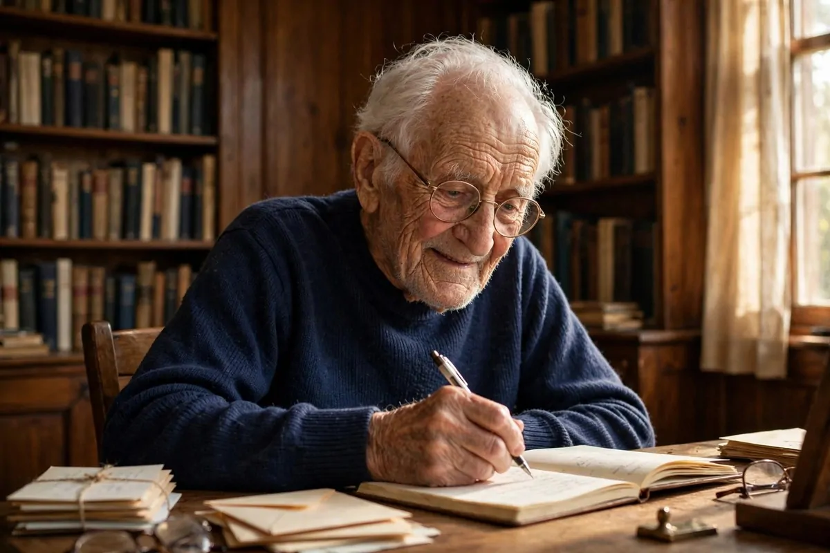 10 Secrets to a Successful Life From Charlie Munger (Wisdom Beyond Money) 1 Photorealistic photo of an elderly man with glasses writing notes in a notebook in a wood-paneled study, sharing charlie munger successful life advice