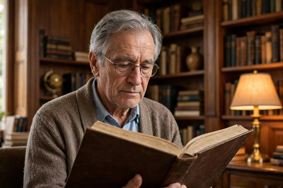 10 Things Charlie Munger Said Matter More Than IQ 1 Photorealistic photo of a wise older man with glasses reading in a wood-paneled study, living out charlie munger advice