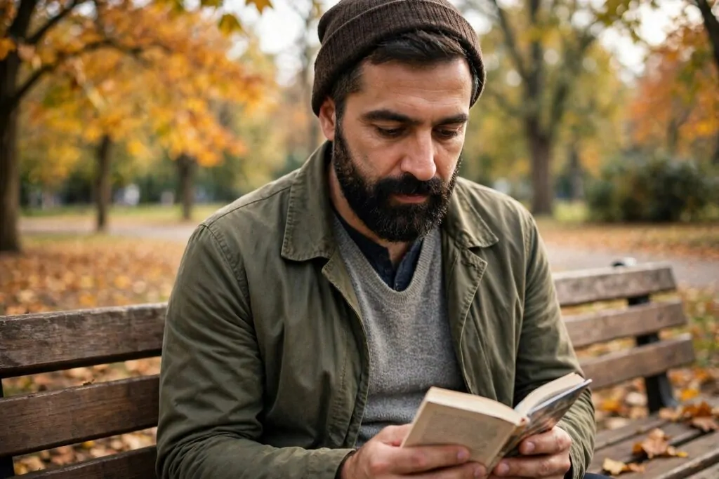 Ultra photorealistic real photograph, natural light, candid, believable, of a middle-aged man in his 40s with a dark beard, sitting on a wooden park bench reading a small book, autumn trees and soft daylight around him, thoughtful calm expression, no text in the image, no women, bold clear subject, Google Discover friendly editorial photo