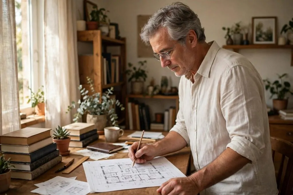 Ultra photorealistic real photograph, natural light, candid and believable, a man in his late fifties with grey hair and glasses wearing a plain light shirt standing in a home study, holding a pencil over a paper plan on a wooden desk with books nearby, warm daylight, thoughtful calm expression, no text in the image, bold clear subject, Google Discover friendly