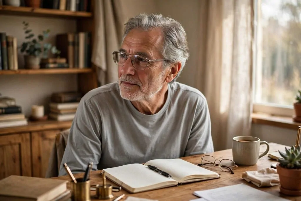 Ultra photorealistic real photograph, natural light, candid, an older distinguished man with grey hair and glasses wearing a plain shirt sitting at a wooden desk in a warm home study with a notebook and reading glasses, thoughtful calm expression, soft daylight from a window, bold clear subject, Google Discover friendly, no text in the image, no women.