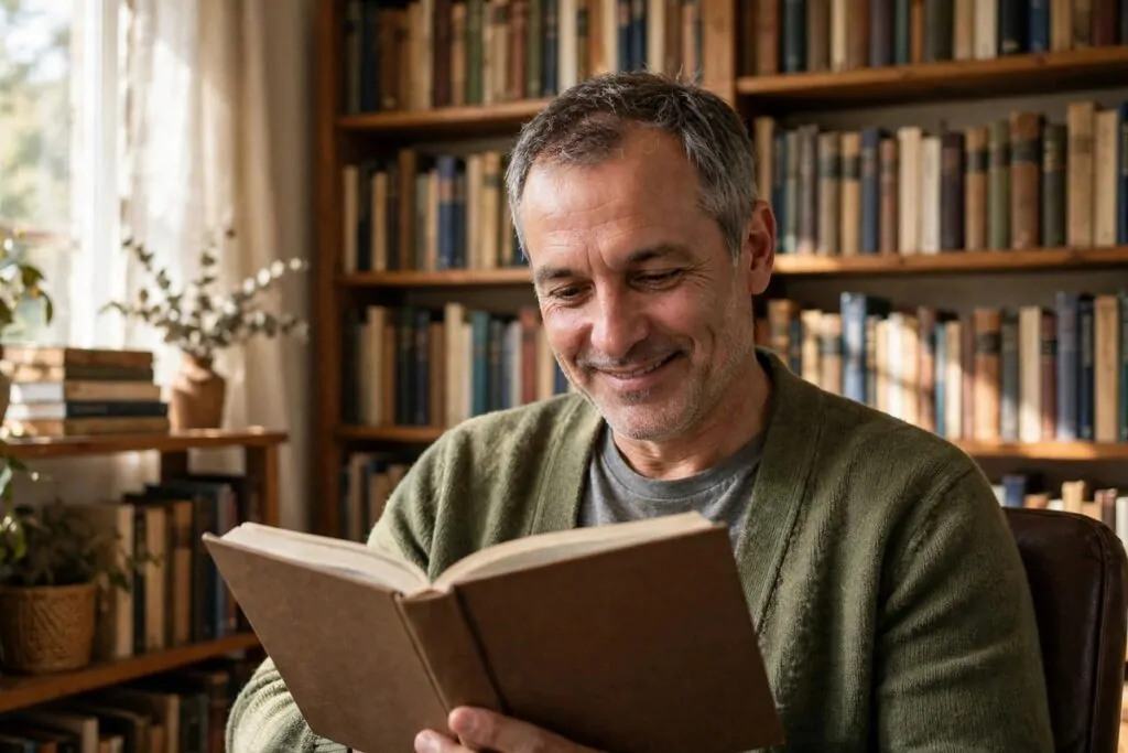 Ultra photorealistic real photograph, natural light, candid moment: a warm friendly man in his late forties with short grey-flecked hair, sitting in a sunlit home library reading a hardcover book, tall wooden bookshelves full of books behind him, soft window light, believable everyday scene, no text anywhere in the image, no women or girls, bold clear subject, Google Discover friendly editorial quality.