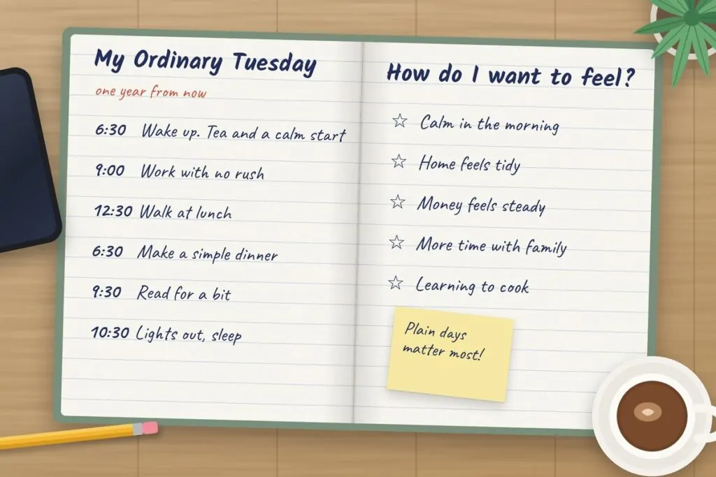 How to Create a Yearly Life Plan That Actually Works 2 Handwritten planner page describing an ordinary Tuesday one year from now, from a calm 6:30 wake up to sleep at 10:30, next to a list of how I want to feel