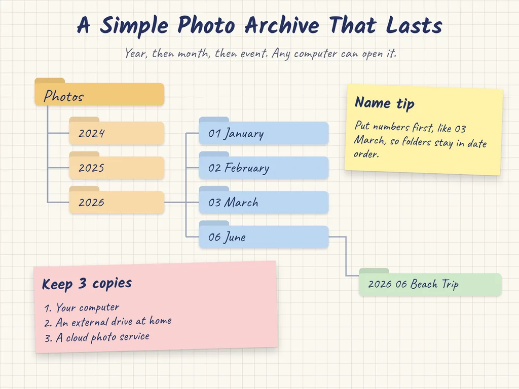 How to Organize Digital Photos 2 Folder tree for a photo archive sorted by year, then month, then event, with a note on keeping three copies