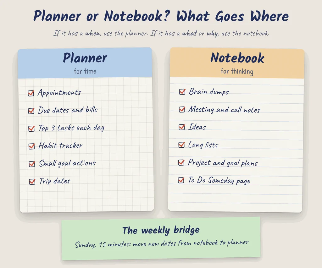 Planner vs Notebook: Which Is Better for Organizing Life? 2 Side by side chart of what goes in a planner and what goes in a notebook, joined by a weekly bridge