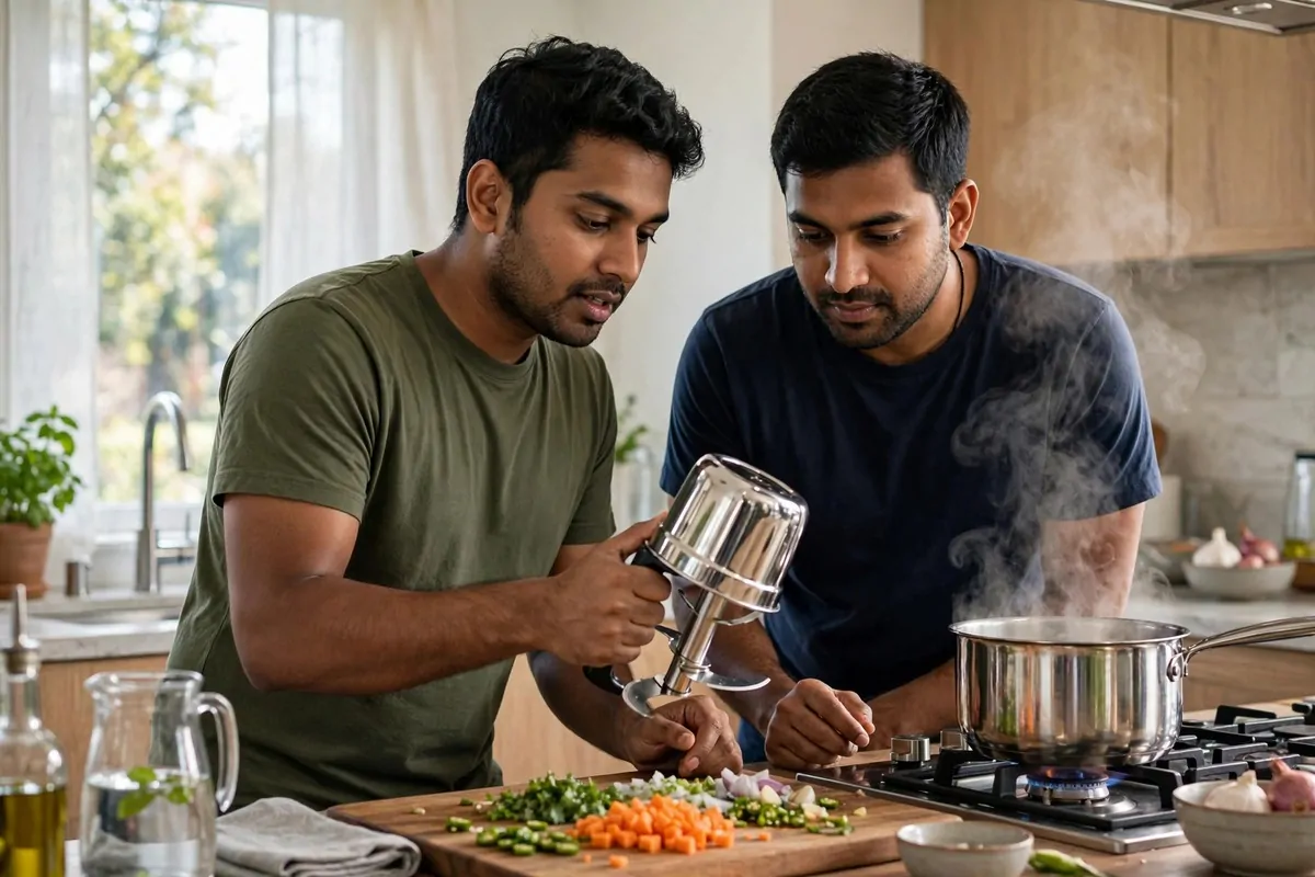 A young man demonstrating a steel kitchen chopper to a buyer in a bright home kitchen, showing practical product demo tips in action.