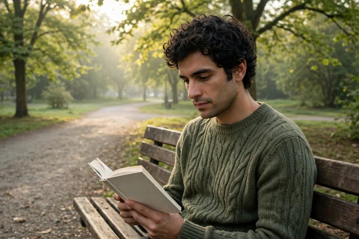 10 Psychology Books That Could Change Your Life by Explaining Worry Habits and Everyday Feelings in Plain Words 1 Ultra photorealistic real photograph, natural light, candid, believable, a young adult man in his early thirties with dark curly hair and a casual knitted sweater sitting on a wooden park bench in soft morning light, reading a paperback book with a calm thoughtful expression, green trees and a quiet path behind him, no text in the image, no women, bold clear subject, closely tied to psychology books that change daily life, Google Discover friendly