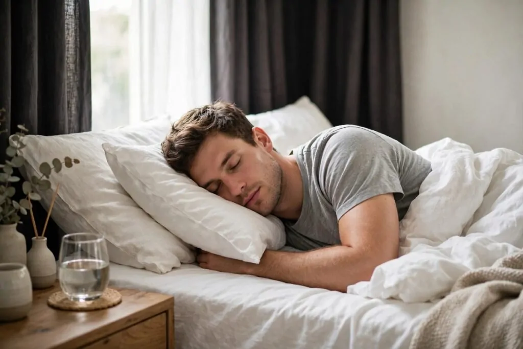Ultra photorealistic real photograph, natural light, candid, no text, of a relaxed young man in his thirties sleeping peacefully in a bright calm bedroom with soft white bedding and dark curtains, believable editorial photo, bold clear subject, Google Discover friendly