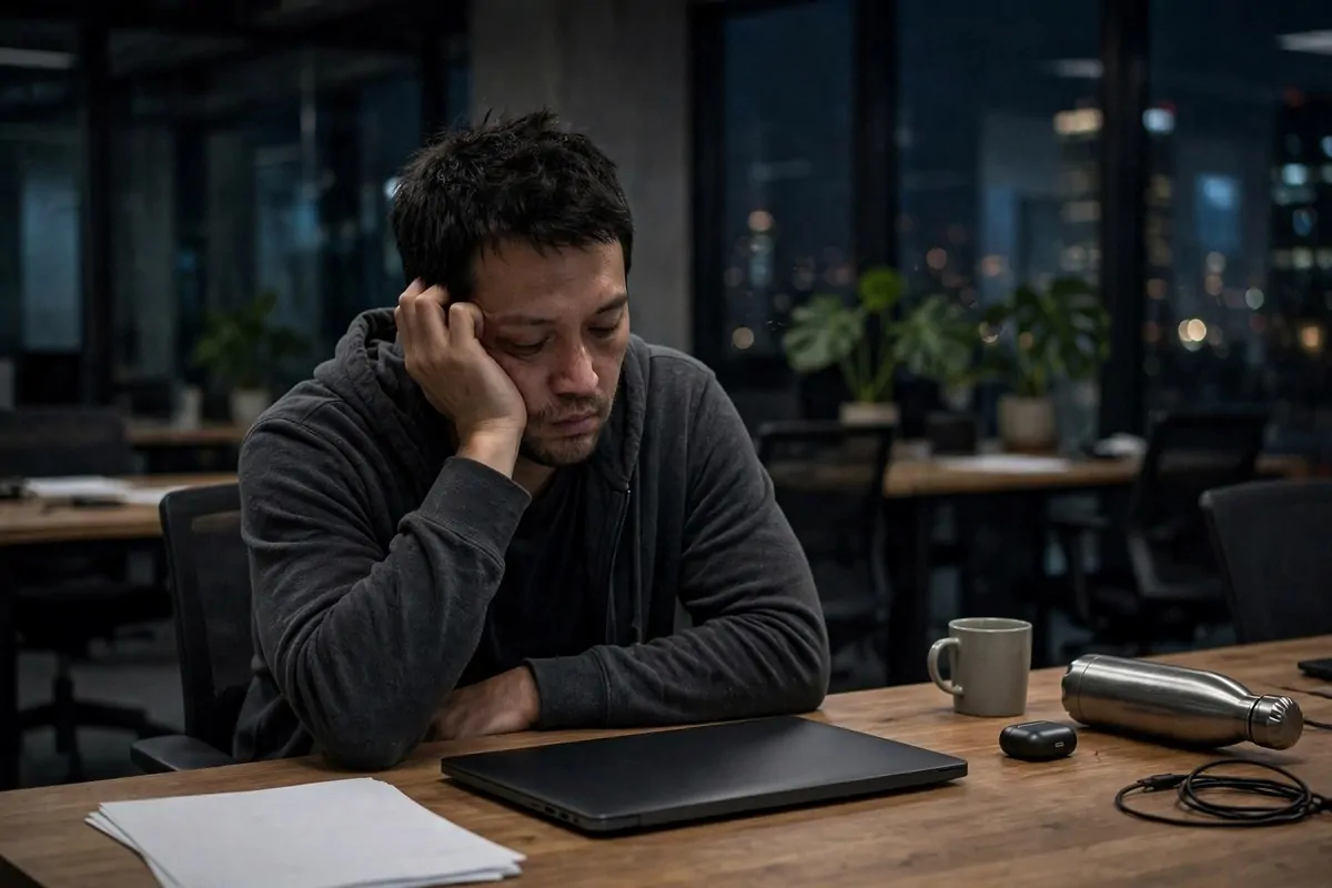 7 Painful Reasons Most Startups Fail and What Each One Can Teach You 1 Photorealistic photo of a tired male founder sitting alone at a desk late at night, thinking about why startups fail