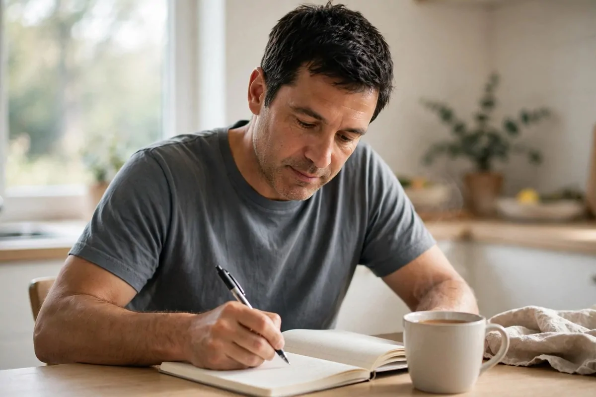 7 Quiet Traps That Keep Most People From Building Wealth, and the Calm Way Out of Each One 1 Ultra photorealistic real photograph, natural light, candid and believable, a man in his early forties with short dark hair and a plain shirt sitting at a bright kitchen table in the morning, writing a simple plan in a paper notebook with a pen, a cup of tea beside him, soft daylight from a window, no text in the image, bold clear subject, Google Discover friendly
