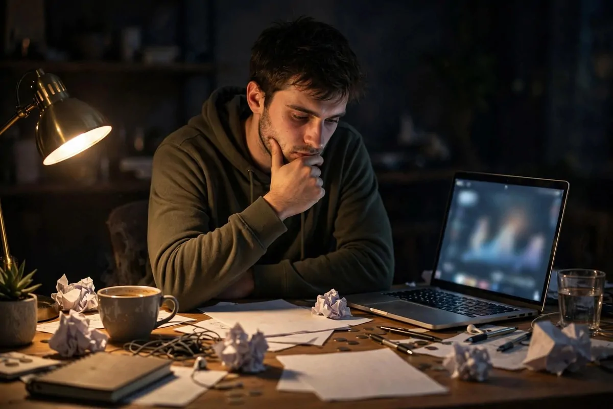 Tired young founder at a messy desk late at night learning from the mistakes first-time founders make