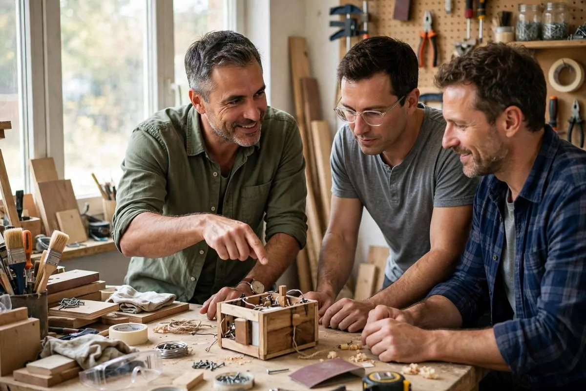Confident man presenting a simple product prototype to two men in a workshop, showing how to pre-sell before you build