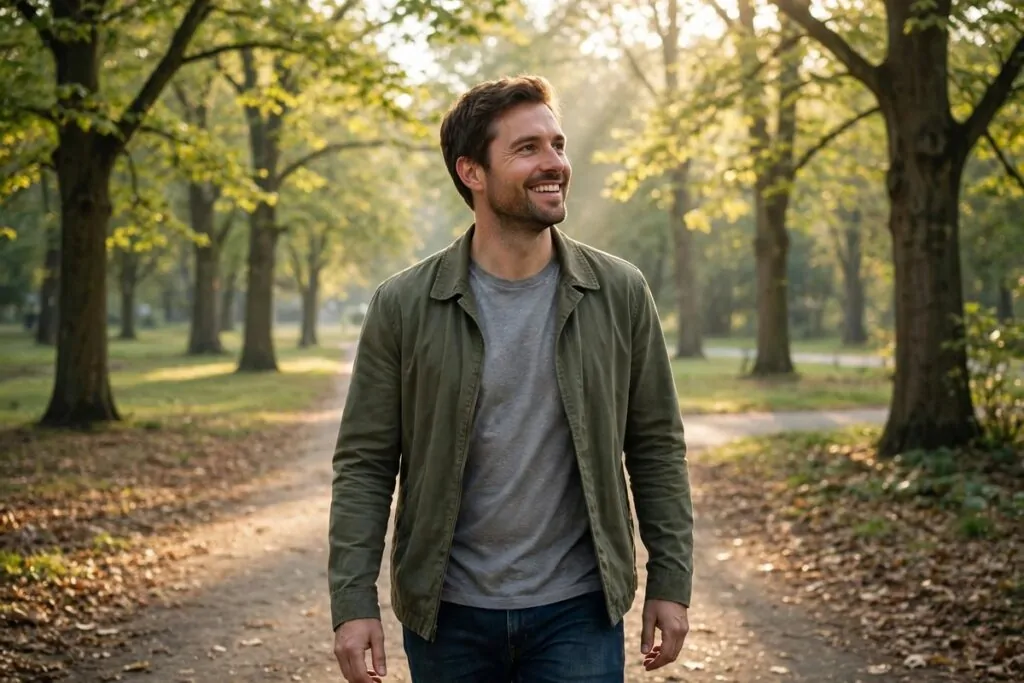 Ultra photorealistic real photograph, natural light, candid, of a cheerful man in his mid thirties wearing a casual jacket walking on a sunny park path in the morning with soft sunlight through trees, calm and hopeful mood, no text in image, no women, bold clear subject, Google Discover friendly editorial photography