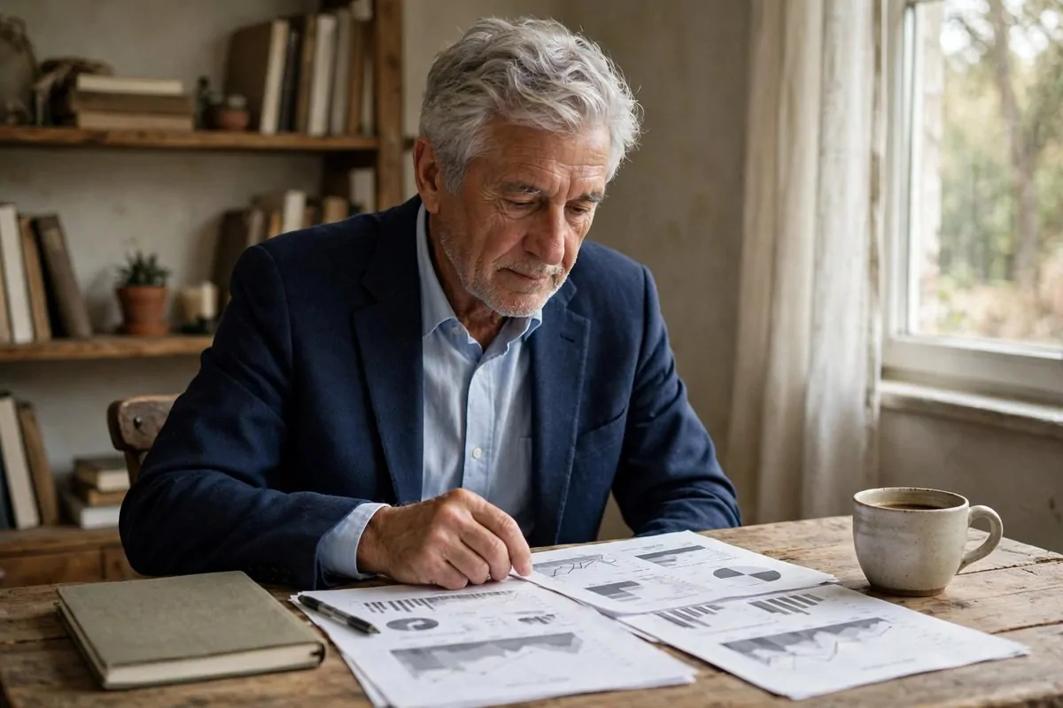 10 Simple Rules to Invest in the Best Companies, the Warren Buffett Way (Pick Winners) 1 Photorealistic photo of a patient older gentleman studying a company report at a wooden desk, showing rules to invest in the best companies