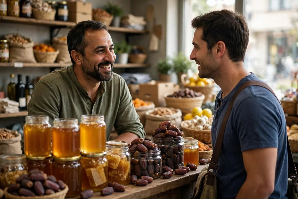 A warm photorealistic photo of a friendly shopkeeper talking with a customer across a counter of honey and dates, showing tips to improve selling skills in a real neighborhood shop.