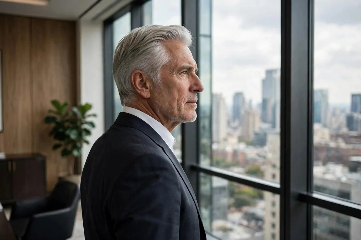 6 Quiet Signs It's Time to Sell Your Business and Move On to What's Next 1 Photorealistic photo of a thoughtful middle-aged businessman looking out a large office window, deciding on the time to sell your business