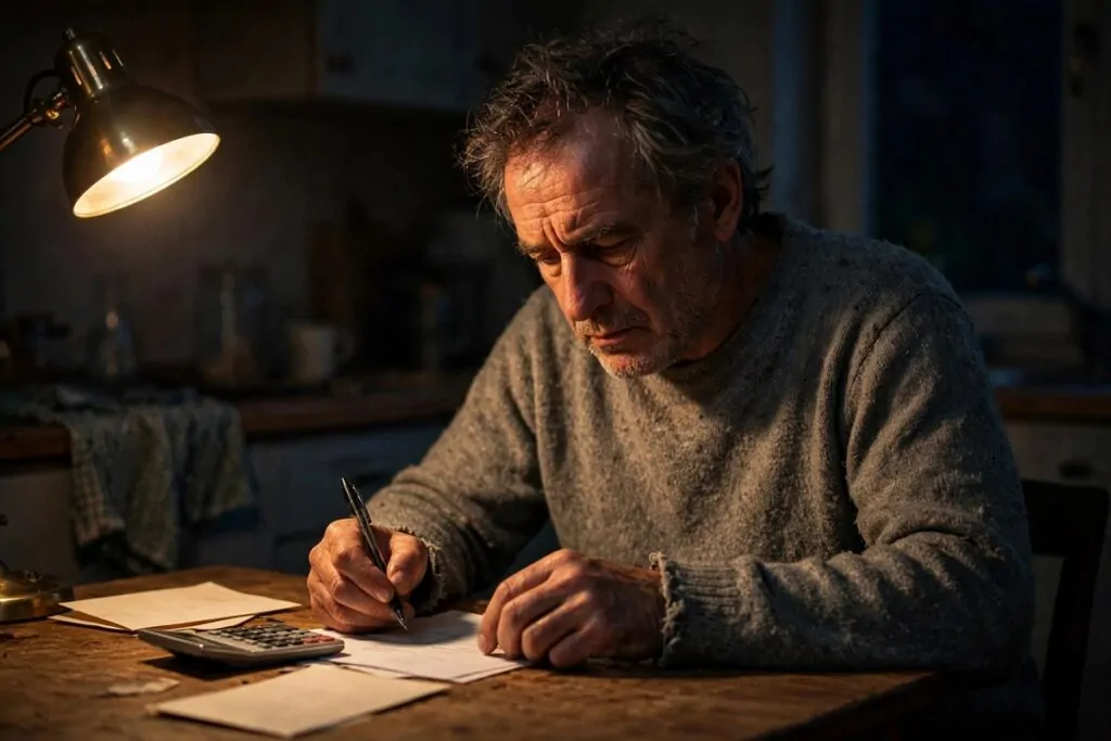 Photorealistic photo of a tired middle-aged man reviewing bills with a calculator at a modest kitchen table at night, an honest look at the signs you are middle class or just getting by.