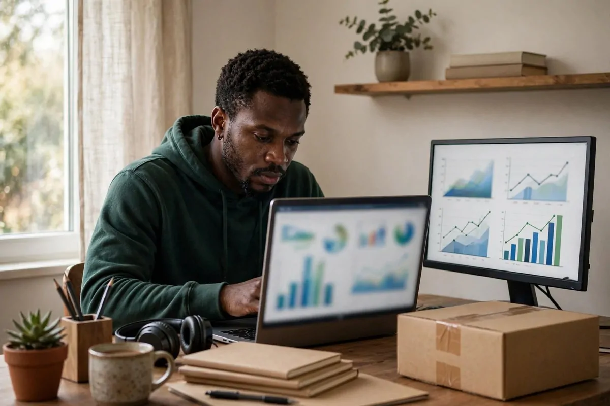 10 Skills That Can Earn You Income Beyond a Paycheck 1 Photorealistic photo of a young woman writing in a notebook at a small home desk with a laptop open beside her in warm morning light, showing skills to earn income beyond a paycheck