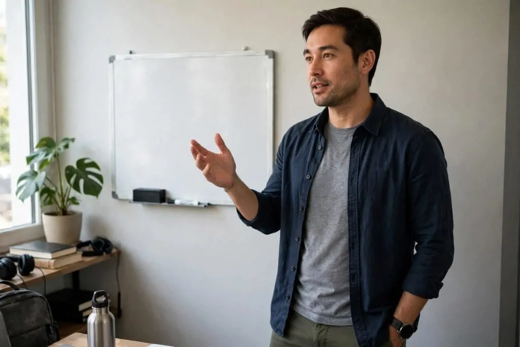 Photorealistic photo of a confident man practicing skills that help the upper class out-earn everyone else in front of a small office whiteboard