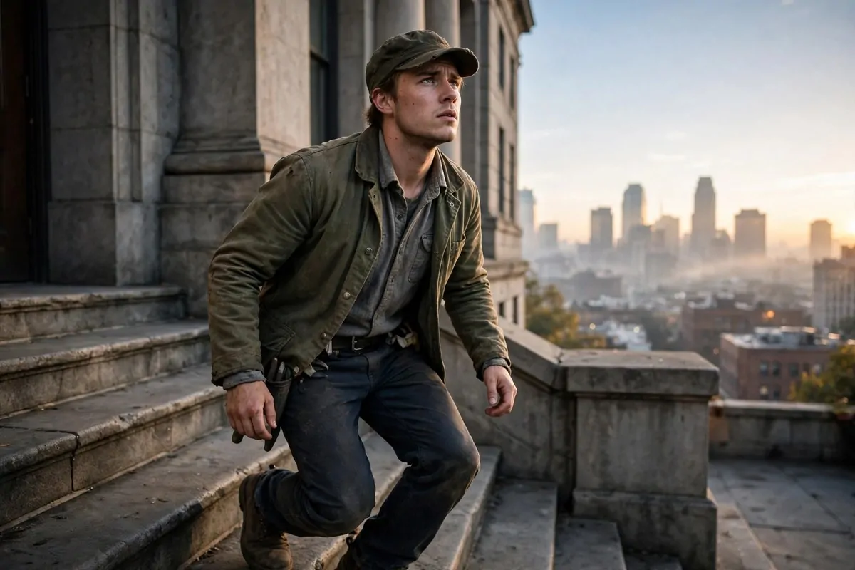 Photorealistic photo of a young man in work clothes climbing the stone steps of an office building at sunrise, city skyline behind him, for the article steps climb working class to upper class