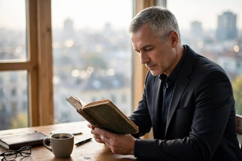Ultra photorealistic real photograph, natural light, candid, believable, no text in image, no women or girls, a calm middle-aged man with short grey hair in a dark suit reading an old cloth-bound book at a quiet wooden desk beside a large window in morning light, a soft city view blurred behind him, thoughtful and steady mood, bold clear subject, Google Discover friendly