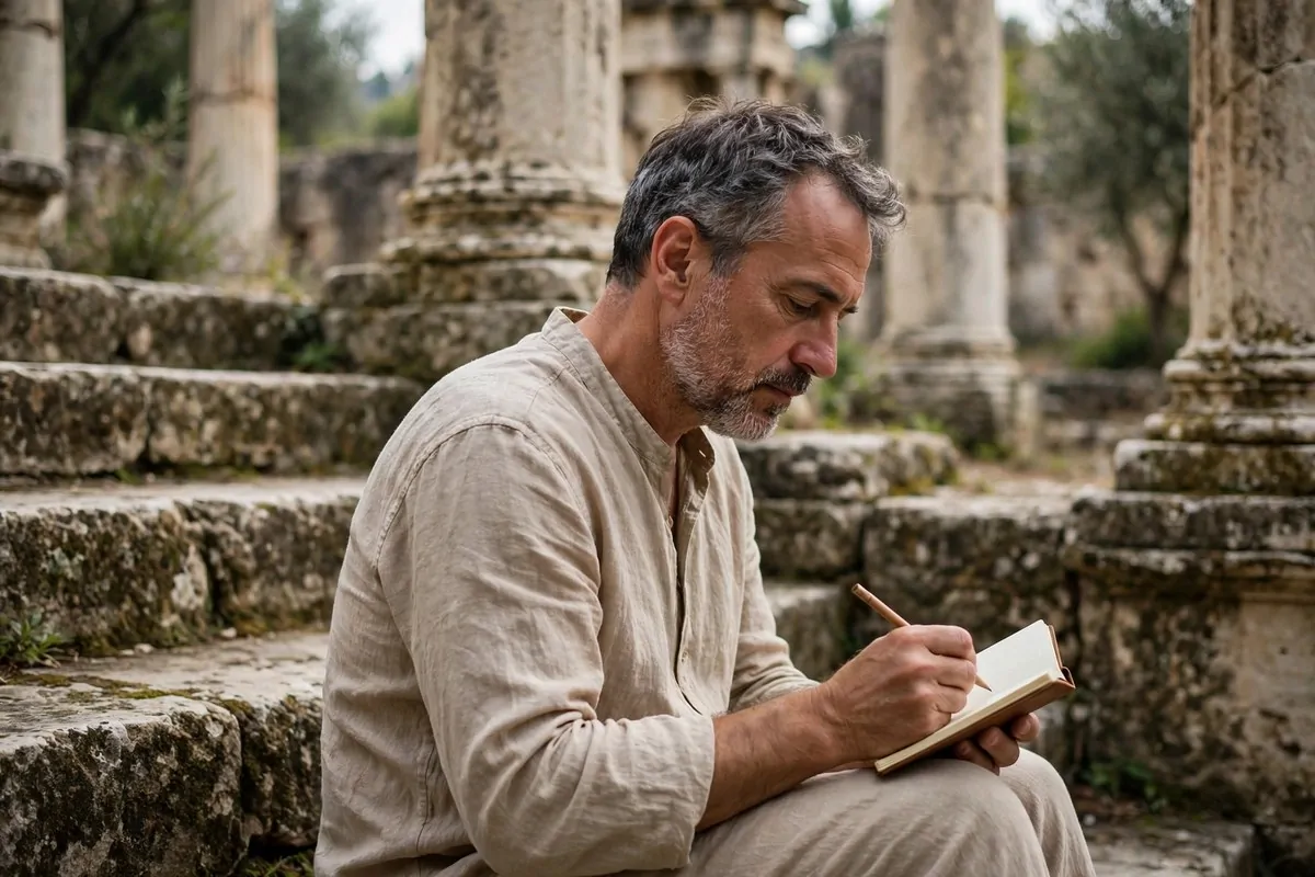 5 Stoic Habits for a Calmer, Happier Life (Marcus Aurelius Wisdom) 1 Photorealistic photo of a weathered journal and quill on a stone ledge above ancient Rome at dawn, illustrating stoic habits for happiness