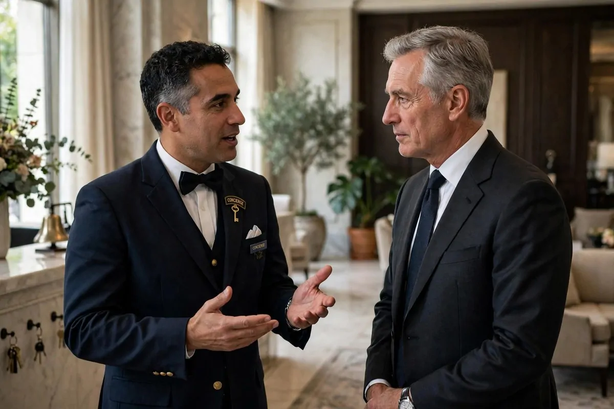 10 Subtle Behaviors That Quietly Signal Upper Class (No Showing Off) 1 Photorealistic photo of an elegant man in a tailored dark suit waiting calmly and listening with full attention in a refined hotel lobby, candid and composed.