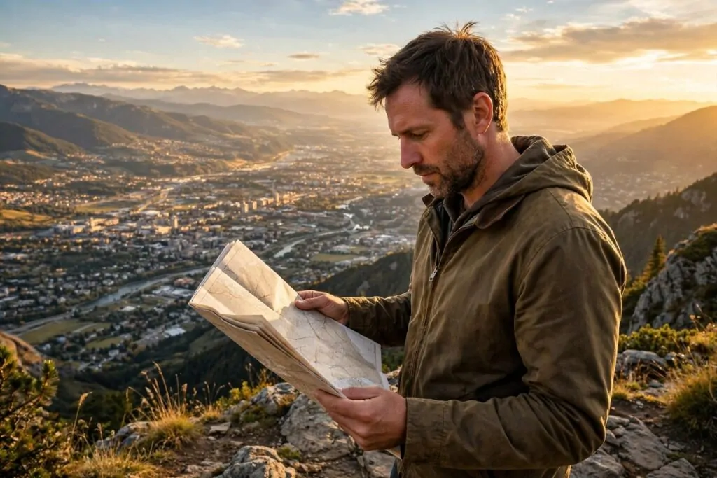 Photorealistic photo of a man in a casual jacket at a scenic mountain overlook holding an open paper map, looking toward a city valley at golden hour, picturing the success map working class to upper class route ahead