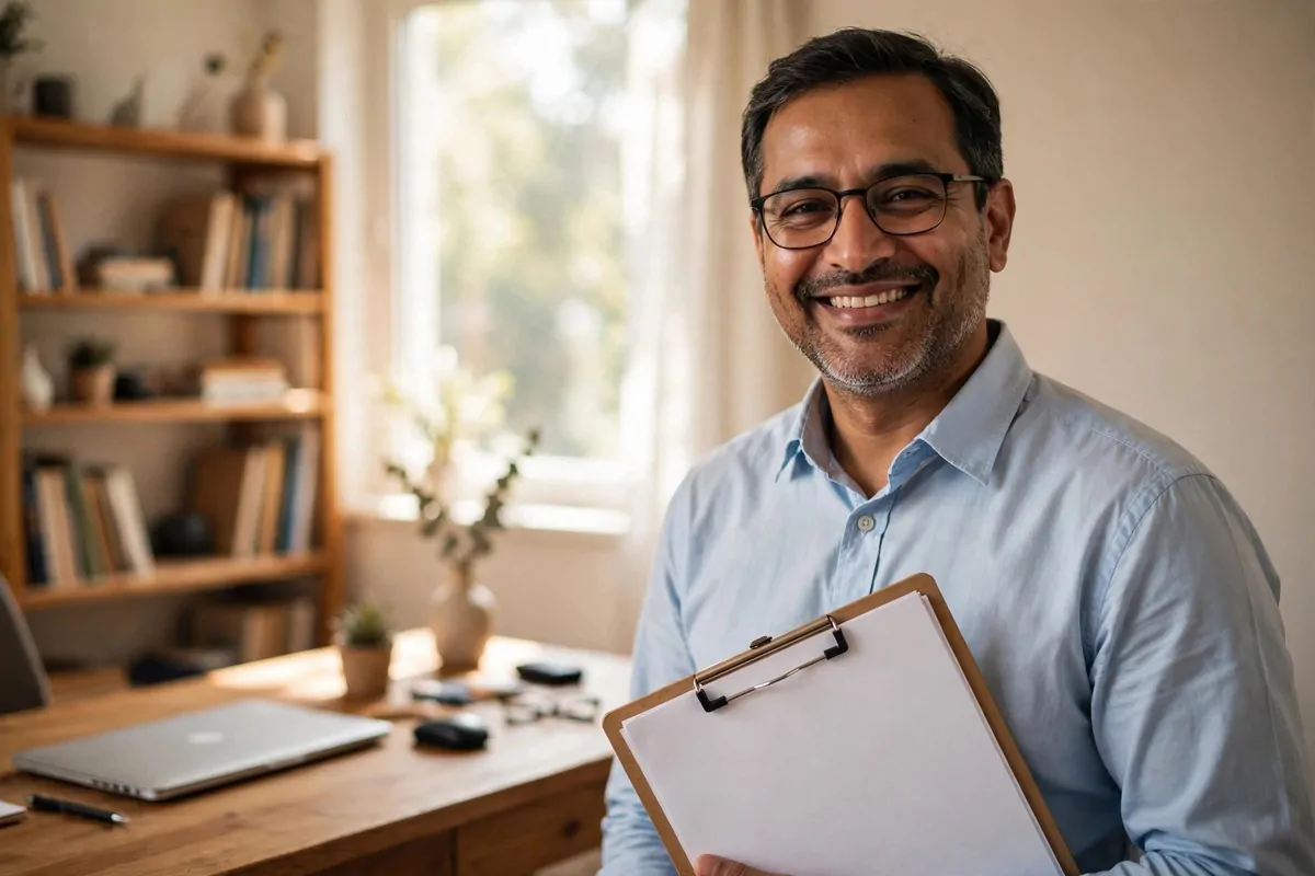 Confident middle-aged business owner with glasses holding a checklist in a bright office, showing business systems that run without you