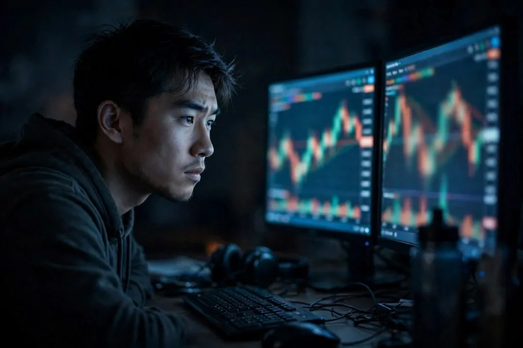 Photorealistic photo of a young man studying a glowing stock chart on a laptop at a wooden desk late at night, illustrating technical analysis methods explained