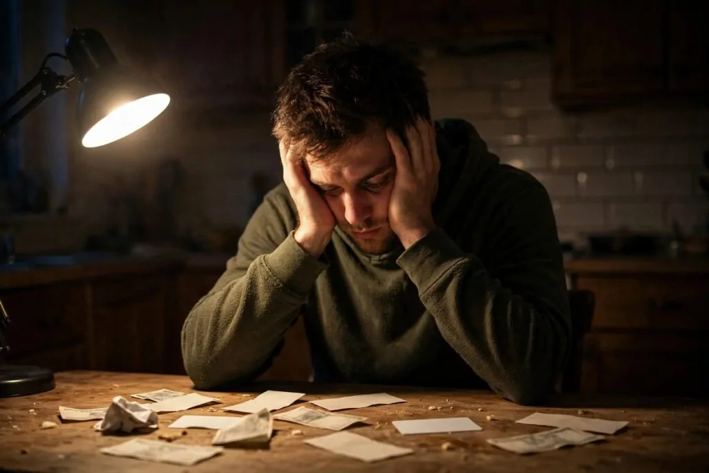 Photorealistic photo of a tired man staring at a pile of bills on a kitchen table late at night, illustrating terrible habits that keep you from building wealth