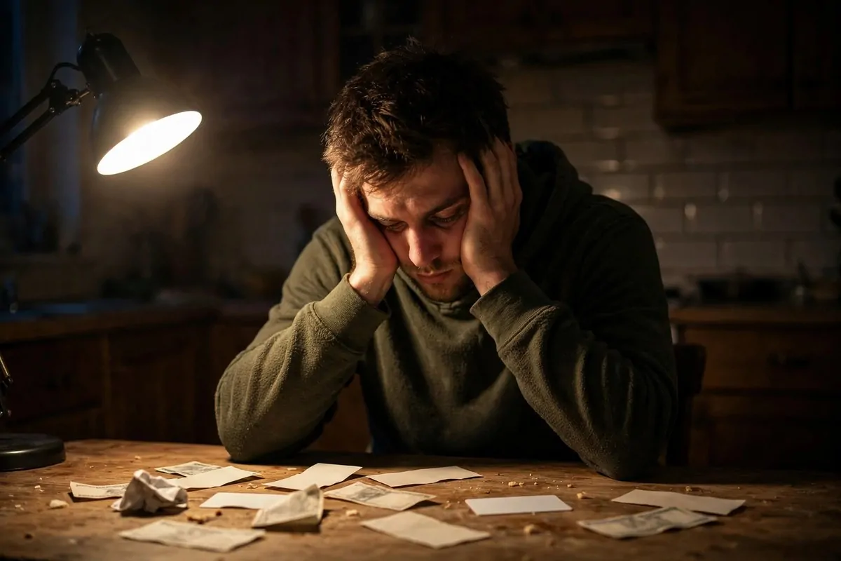 Photorealistic photo of a tired man staring at a pile of bills on a kitchen table late at night, illustrating terrible habits that keep you from building wealth