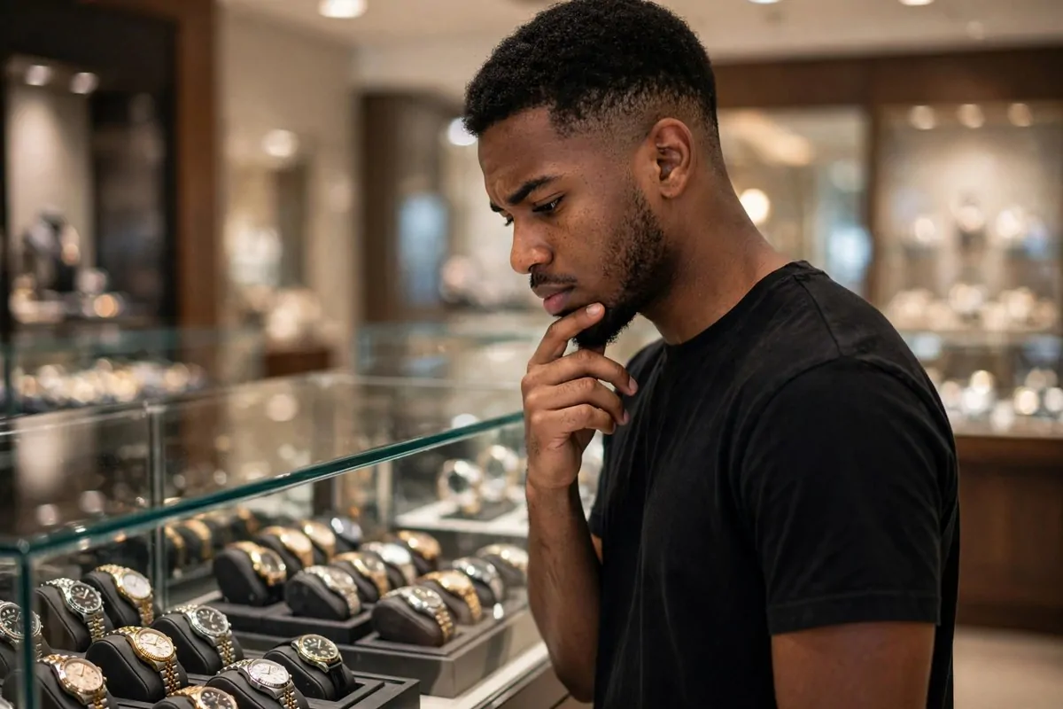 Photorealistic photo of a thoughtful young man looking at a luxury shop window and walking past, about things people buy to look rich