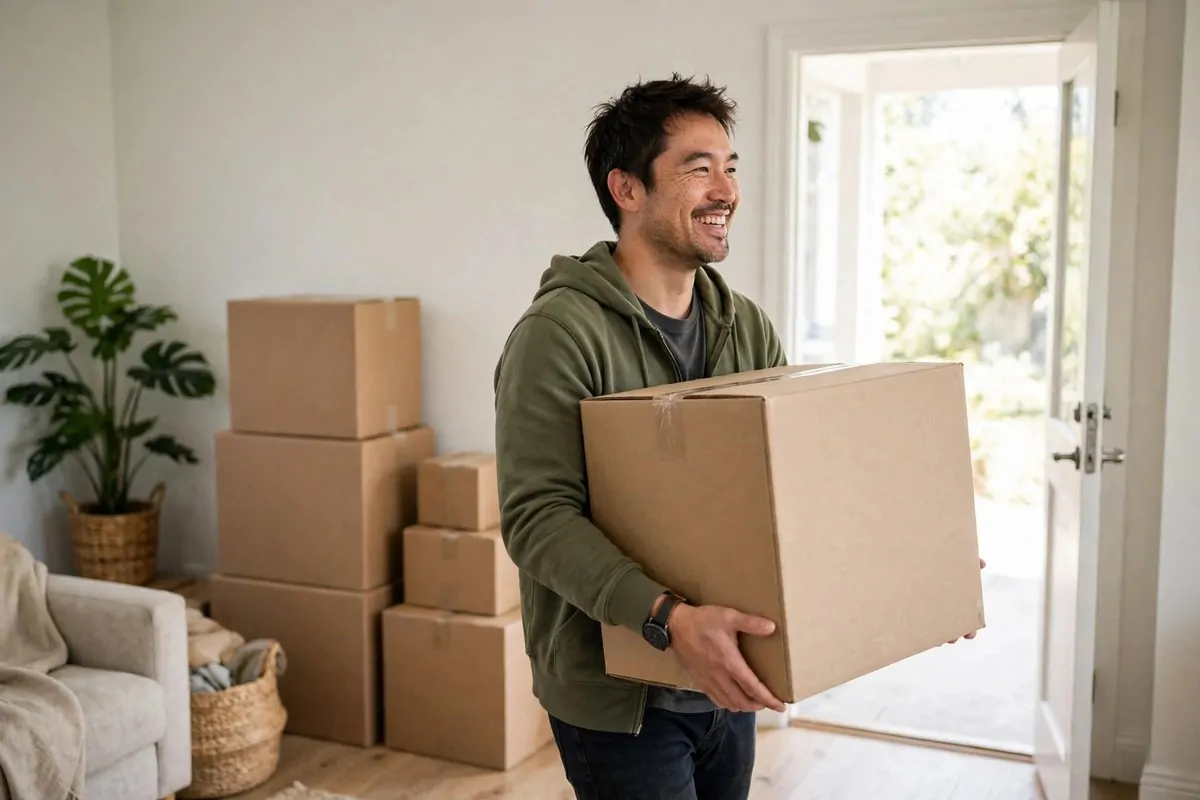 5 Things to Remove From Your Life to Be Happier (Start With These Today) 1 Photorealistic photo of a smiling man in his thirties carrying a donation box out of a bright airy living room, showing things to remove from your life to be happier