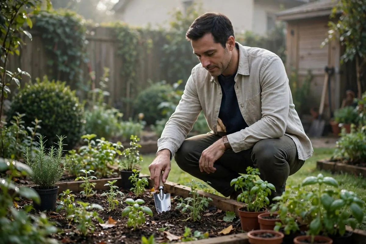10 Things the Upper Class Does Quietly (No Noise, Just Results) 1 Photorealistic photo of a calm well-dressed man doing things the upper class does quietly while tending a neat home garden at dawn