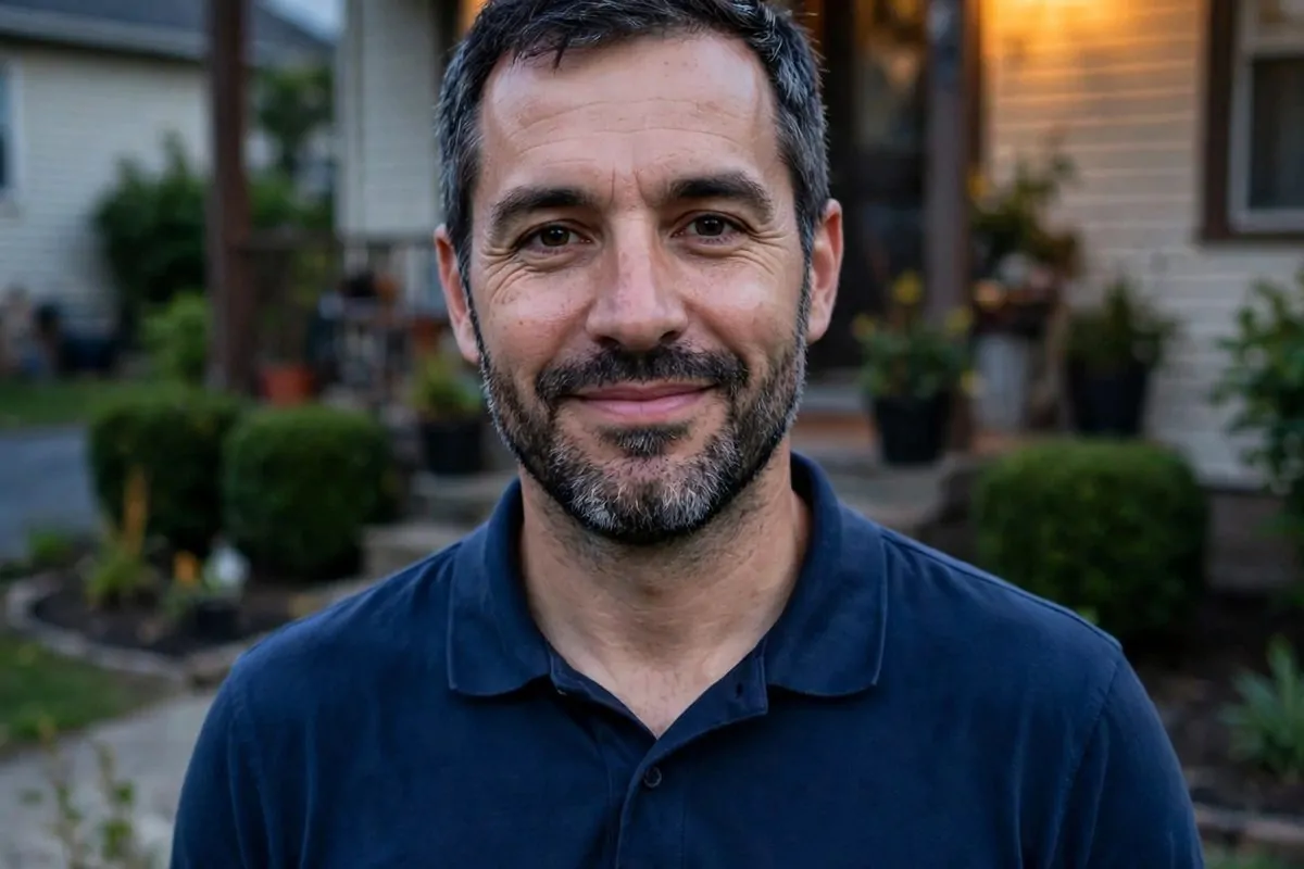 Photorealistic photo of a confident man in a navy polo standing proudly in front of the modest home he owns at dusk, for the article on things the wealthy own that others rent