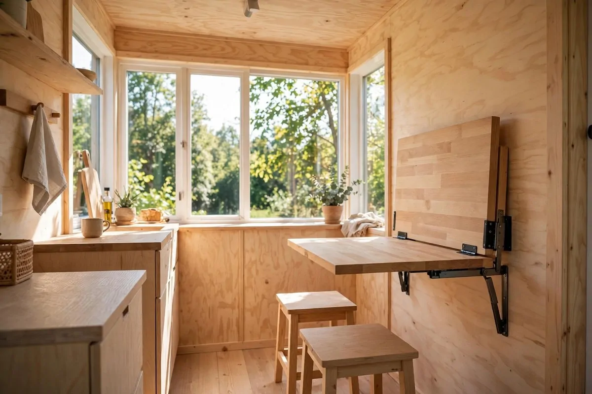 Fold-down wall mounted dining table in tiny home