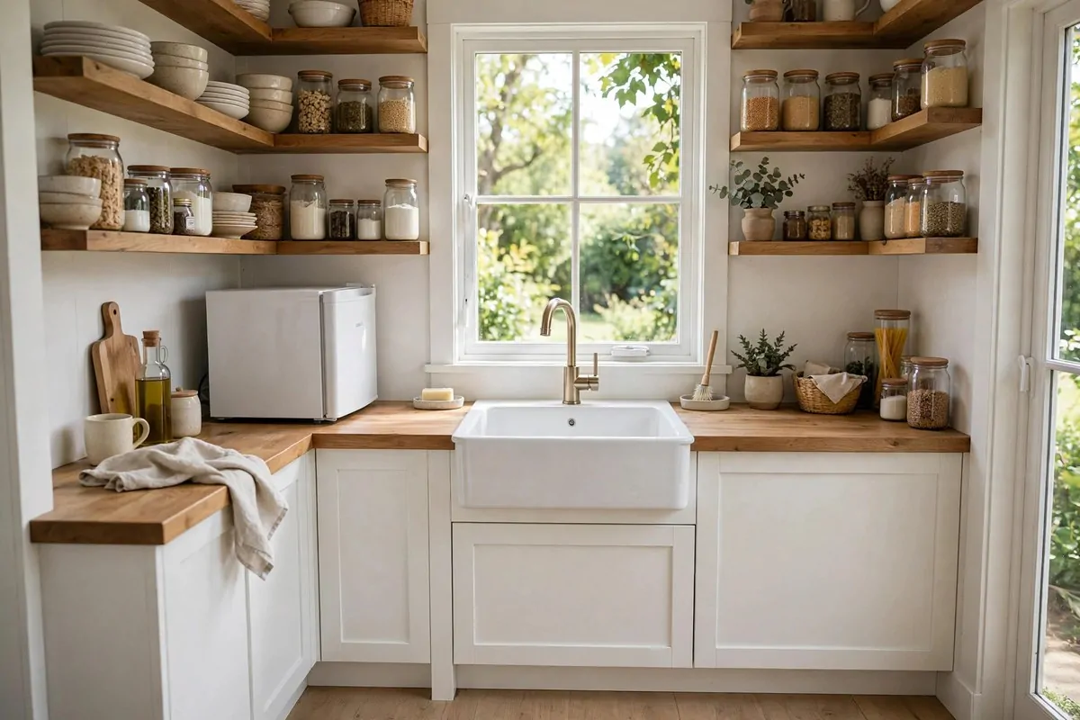 Tiny white kitchen with open wooden shelves