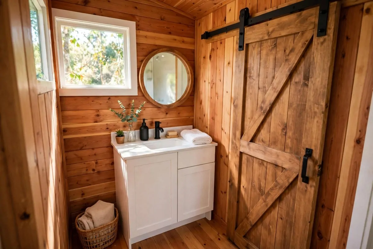 Tiny home bathroom with sliding barn door